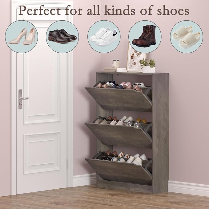 BORNOON Shoe Cabinet with 3 Flip Drawers, Hidden Wood Shoe Cabinet,Freestanding Shoe Storage Cabinet for Entryway Hallway