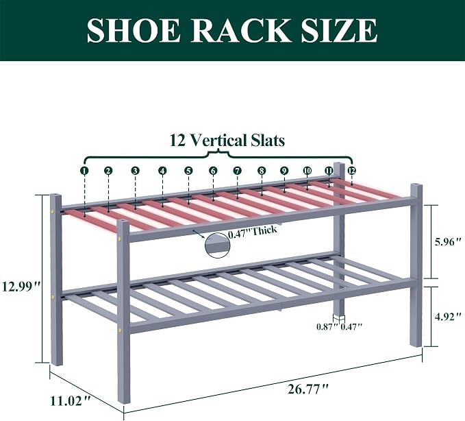 Smiry Bamboo Shoe Rack, 12 Vertical Slats, 2 Tier - 26.8" Wide, Grey | Stackable Free Standing Wooden Shoe Organizer, Wood Shoe Storage Shelf for Closet, Entryway