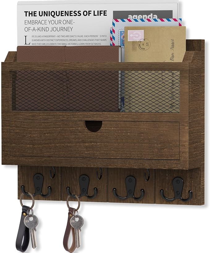 Nekon Mail Organizer with Drawer for Wall, 12"W x 10"H x 3.1"D Mail Sorter Wall Mounted, Wooden Key Holder Wall File Organizer Letter Sorter for Letter Magazines (Brown)