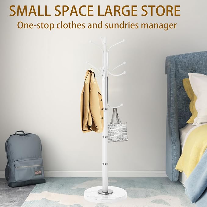 OIRUMIE Coat Rack,Coat Rack Freestanding with 12 Hooks for Entryway,Corner | Metal Coat Rack Stand with Natural Marble Base, White Modern Coat Hanger Stand, Clothes Hall Tree Stand for Hallway