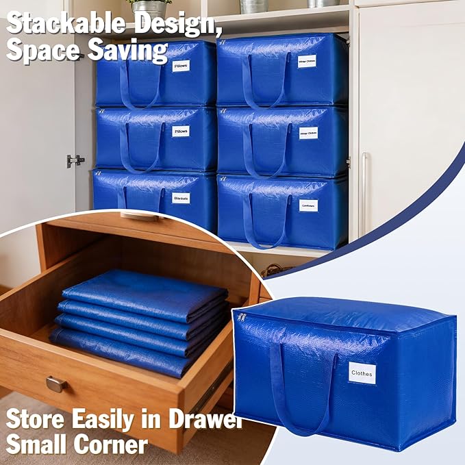 KYODOLED 4-Pack Extra Large Moving Bags, Lightweight Blue Storage Totes 24 Gal (27"x13"x15"), Heavy Duty 55lb Capacity PE Packing Bags for College Dorm, Closet Organization & Space Saving