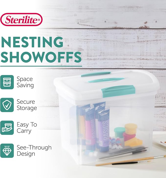 Sterilite Large Nesting ShowOffs™, Clear Bin w/Latch Lid & Handle, 6 Pack | Heavy-Duty and Stackable Utility Box Containers for Home, Office, Cabinet, Closet, Bedroom, and Basement Organization