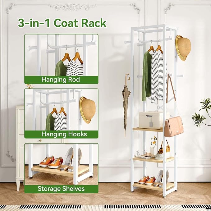 IBUYKE Freestanding Coat Rack,with 3 Shelves and 8 Hooks,Natural UTMJ088R | Metal Frame,Industrial Hall Tree,Clothes Stand for Entryway, Hallway, Bedroom,Office, Living Room