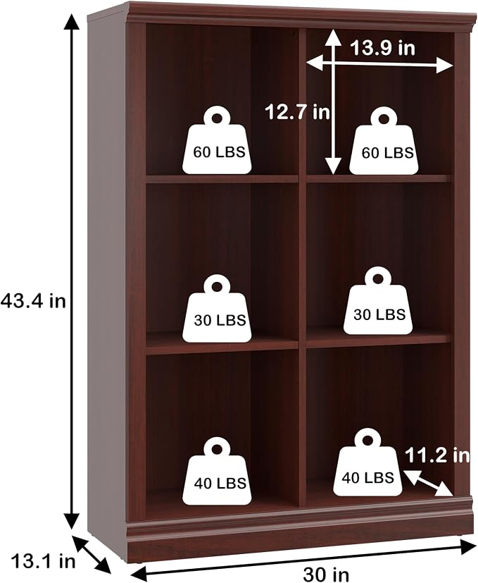 3 Tiers 6 Cube Storage Organizer Bookcase, 30 inch Width Wooden Book Shelf | 6 Storage Cube Adjustable Space Book Case, Vertical Bookshelf Display Cabinet Organizer for Home Library Office, Mahogany