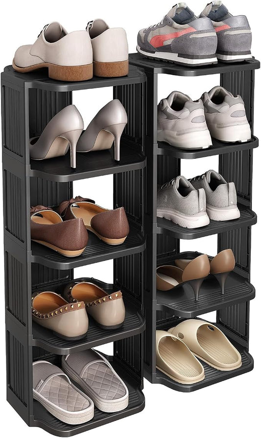 Kitstorack 10 Tiers Stackable Shoe Rack for Closet and Front Door Entrance - Free Standing Plastic Stand, Narrow Tall Vertical Organizer for Small Spaces Storage