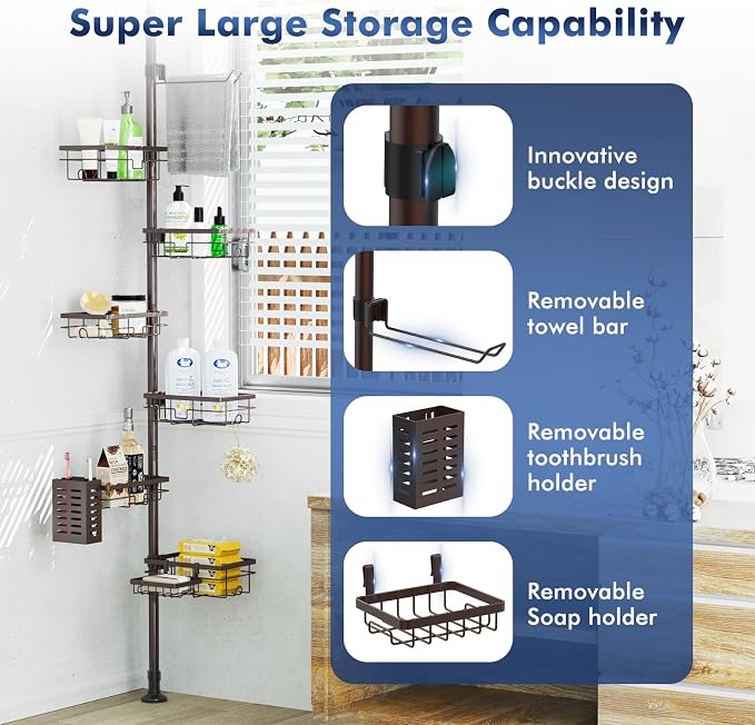Corner Shower Caddy Tension Pole, Bathroom Organizer and Storage for Shower | Adjustable 30-120 Inch Shelves, 6-Tier Shelf, Rustproof Towel Bar & Soap Dish &Toothbrush Holder Shower Rack