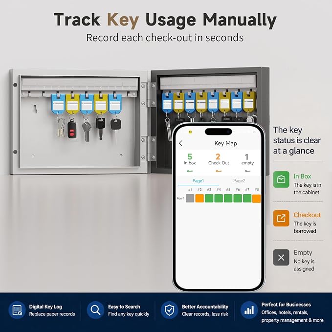 16-Key Key Lock Box, Wall Mount Steel Key Organizer Cabinet with Key Tags | Security Key Holder Lockbox with Key Management App for Small Office, Key Storage for Home, Garage, Fleet & Valet