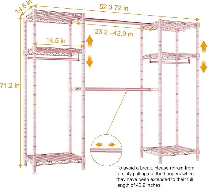 Ulif E7 Garment Rack, Heavy Duty Clothes Storage System with Extendable Hangers Rods, Metal Clothing Rack with 6 Wire Shelves, (52.3"-72") W x 14.5" D x 71.2" H, Load 838lbs, Pink | Metal Clothing Rack with 6 Wire Shelves, Freestanding Portable Closet ...