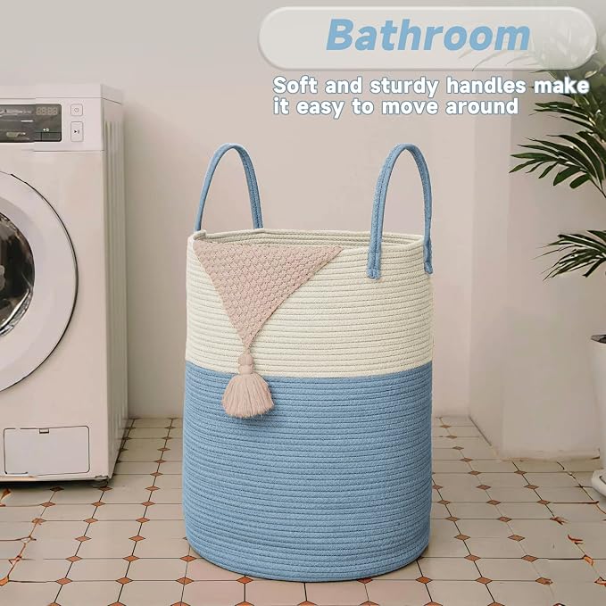JMvicyroam 100L Cotton Rope Laundry Basket Hamper, White and Blue | Collapsible laundry basket, reinforced handles, freestanding, machine washable, holds 3-5 thick blankets, clothes or toys