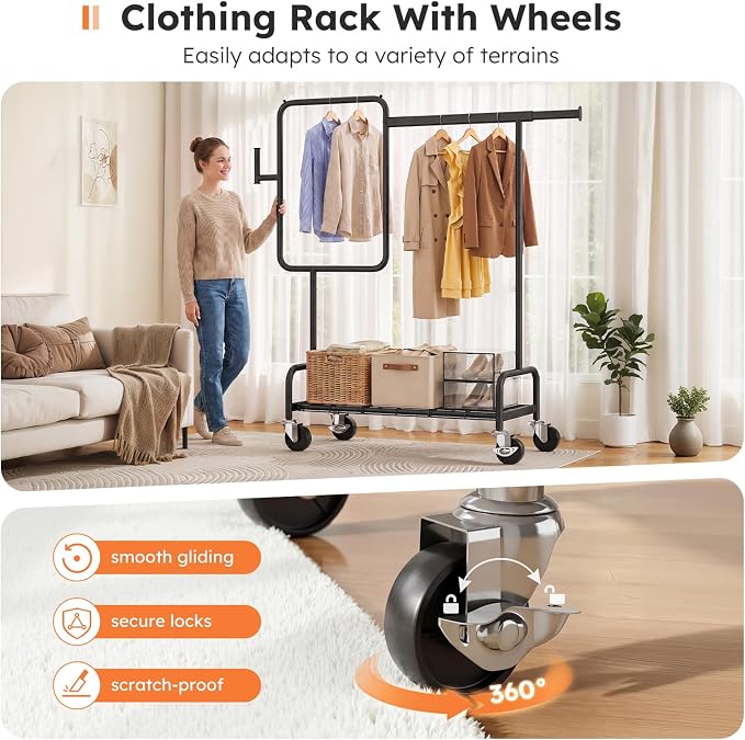 SOLEDI Heavy Duty Partitioned Clothes Rack, 600 LBS Load Metal Garment Rack with Shelves & Lockable Wheels, Rolling Hanging Rack for Bedroom, Laundry Room, Store & Garage (Black)