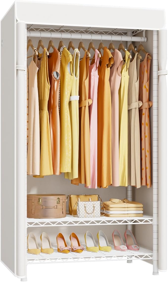 H5C Clothes Rack with Cover, Covered Clothing Rack Heavy Duty | Garment Rack with Shelves, 3-Tier Portable Closets for Hanging Clothes, Max Load 360LBS, White Closet Racks with White Cover