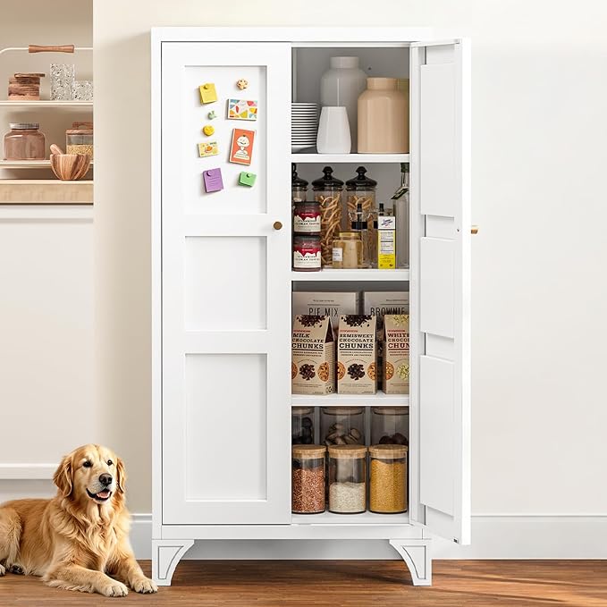 Yizosh Metal Storage Cabinet with Doors and 3 Adjustable Shelves - 47" White Kitchen Pantry Storage Cabinet Locker for Kitchen,Living Room,Dining Room