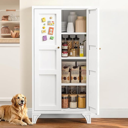 Yizosh Metal Storage Cabinet with Doors and 3 Adjustable Shelves - 47" White Kitchen Pantry Storage Cabinet Locker for Kitchen,Living Room,Dining Room