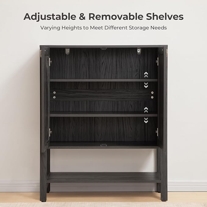 SICOTAS Rattan Shoe Storage Cabinet 5 Tier Shoe Organizer | with Doors and Shelves 24 Pair Capacity Tall Farmhouse Boho Shoe Rack for Entryway Hallway Living Room Closet, Obsidian