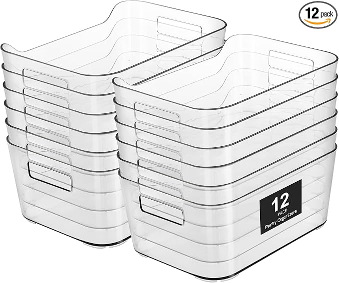 Heyuzb Pantry Organizers and Storage, 12 Pack Clear Plastic Storage Bins for Freezer, Multi-Use Organizer Bins for Kitchen, Office, Fridge, Cabinet and Shelf Organizing