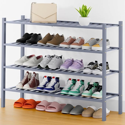 Smiry Bamboo Shoe Rack, 14 Vertical Slats, 4 Tier - 33.7" Wide, Grey | Stackable Free Standing Wooden Shoe Organizer, Wood Shoe Storage Shelf for Closet, Entryway, Thicher Leg