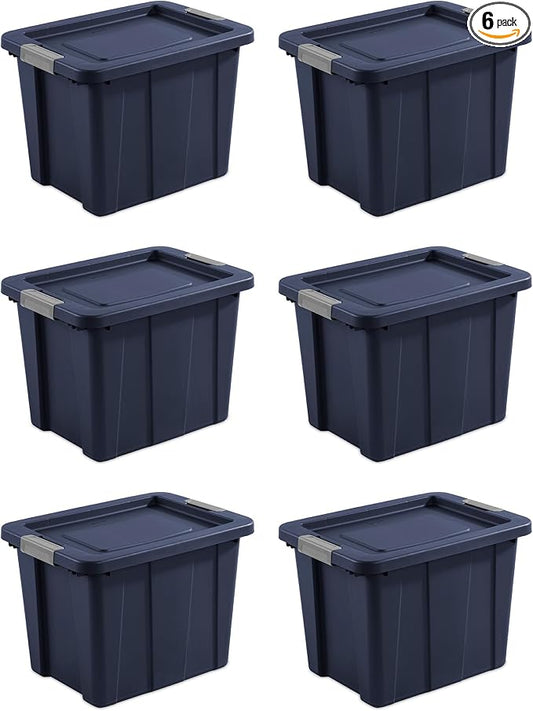Sterilite 6-Pack Latching Tuff1 Tote, Plastic Storage Bins w/Lids, 18 Gallon, Dark Indigo - Large Stackable Organizer Boxes and Containers for Bed, Closet, Craft, and Classroom Organization