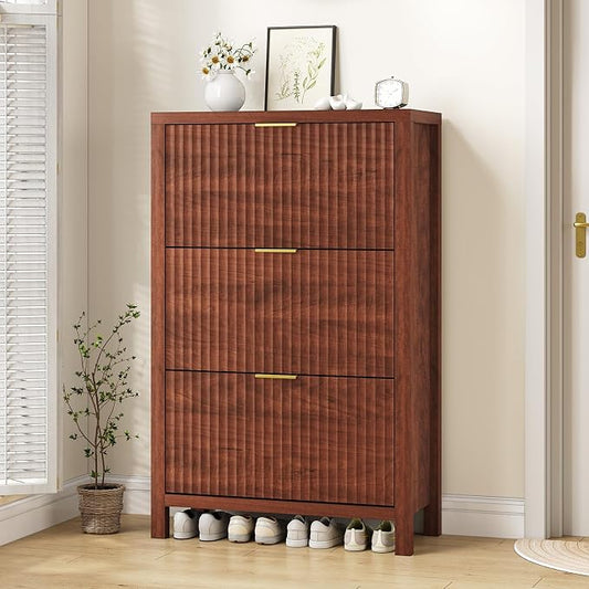 32" Fluted Shoe Cabinet Storage with 3 Flip Drawers for Entryway, Hallway | Hidden Shoe Rack Slim Freestanding Shoe Organizer with Legs for Hallway, Living Room, Red Walnut