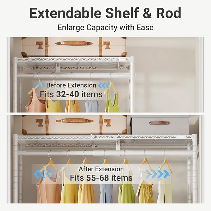 VIPEK X1 Plus Expandable Heavy Duty Clothes Rack, Clothes Organizer White | Reach-in Closet System with Adjustable Shelves & Hanger rods from 2'8" to 4'6", Metal Clothing Racks Portable Walk-in Closet