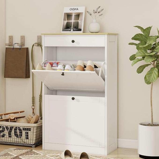 Shoe Storage Entryway with 2 Flip Drawers, Narrow Wooden Shoe Cabinet | Pet-Proof Hidden Shoe Organizer, Narrow Shoe Rack, Adjustable Dividers, Hold 8-10 Pairs, for Entryway Living Room
