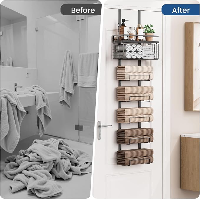 Aetyord Towel Racks for Bathroom Over The Door Towel Racks Towel Storage Organizer with Metal Shelf Basket for Bathroom Rv Camper (7-Tier Black)