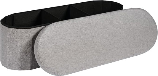 43.3 Inches Foldable Storage Ottoman Bench, Oval Footrest | Teddy Boucle Fabric, Hidden Storage, Soft Padded Seat, End Of Bed Bench For Bedroom, Living Room and Entryway, Grey
