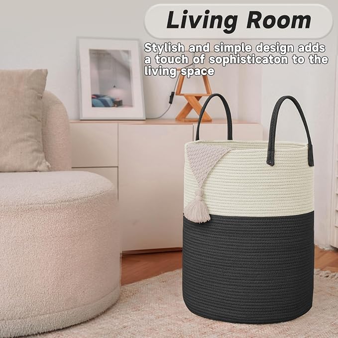 JMvicyroam 60L Cotton Rope Laundry Basket Hamper, White and Black | Collapsible laundry basket, reinforced handles, freestanding, machine washable, holds 3-5 thick blankets, clothes or toys