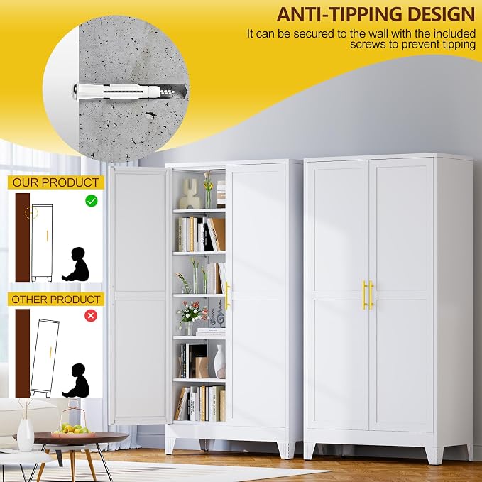 PAOFIN Metal 79“ Kitchen Pantry Cabinet, Pantry Storage Cabinet with Doors and 5 Adjustable Shelves, Freestanding Cupboard Kitchen Cabinet,Tall Cabinet for Living Room,Pantry, Bathroom,Kitchen