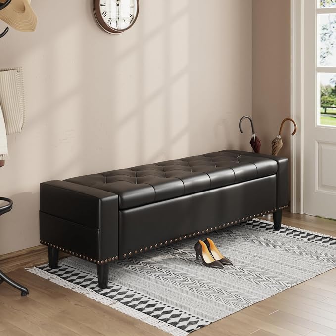 60" Storage Ottoman Bench, Faux Leather Upholstered Bed Bench with Tufted Buttons and Nailhead Trim, Large Ottoman with Storage for King Size End of Bed, Bedroom, Entryway, Hallway (black)