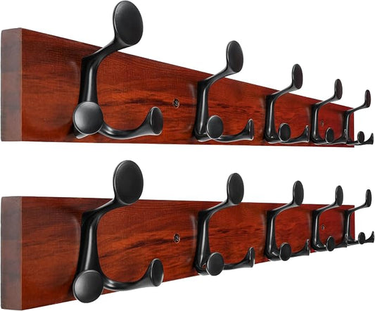 WEBI Coat Rack Wall Mount,30" Solid Wood Coat Hooks Wall Mounted Coat Hanger,16" Hole to Hole,Heavy Duty Hook Rack Rail,5 Triple Hooks for Hanging Coats,Jacket,Clothes,Hat,Backpack,Cherry,2 Packs