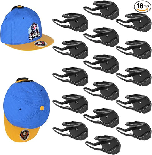 16 Pack Adhesive Hat Hooks for Wall, Super Strong Hat Rack for Baseball Caps, Hat Organizer Display for Home Decor, Hat Hangers Holder for Wall, Door, Closet, No Drilling - USA Patented (Black)