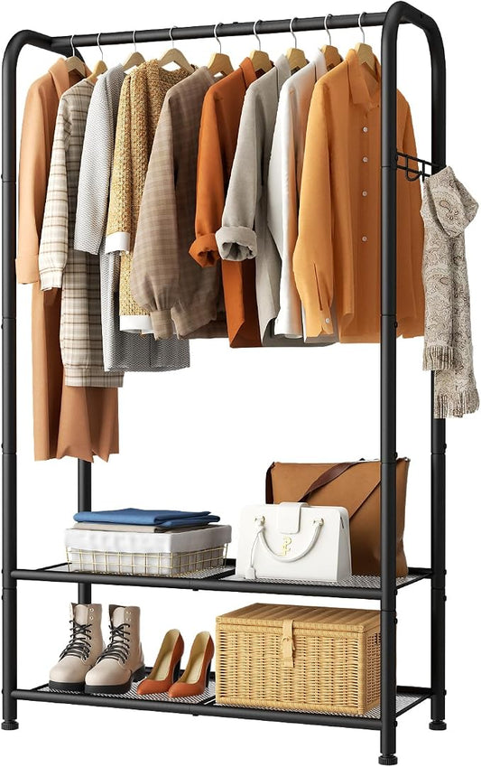 SINGAYE Wardrobe Standing Closet Clothing Rack With Shelf Hanging Clothes | Wardrobe Open Compact Small Metal Garment Hanger Stand Alone Free Standing Black Closet Rack Storage Organizer Heavy Duty