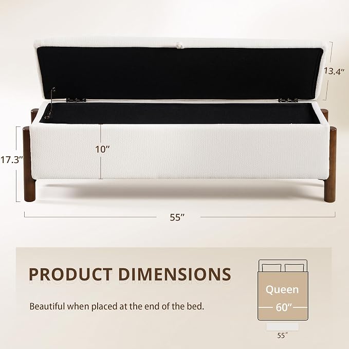55'' Modern Storage Ottoman Benches | Walnut Wood Legs 26 Gallons Storage Space Fabric Upholstered Seating End of Bed for Bedroom Livingroom White