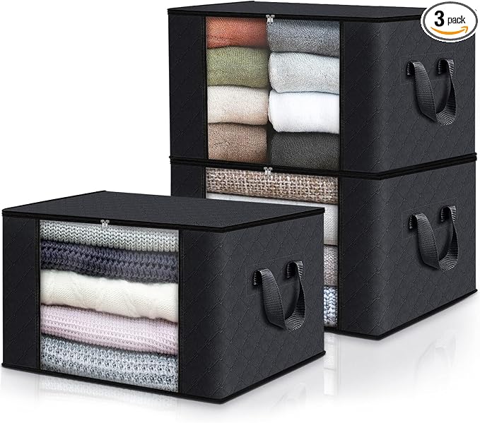 Fab totes Storage Bags,Clothes Blanket Storage Bins Foldable Closet Organizers with Reinforced Handle for Home Dorm Storage and Organization,Fabric Bags for Organizing Sheets,Clothing (Black,3 Pack)