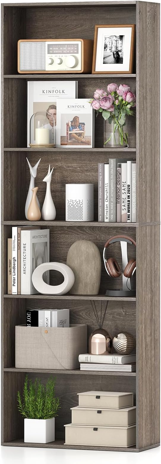 Giantex 6-Tier Bookcase, 70" Tall Wooden Bookshelf, Freestanding Storage Organizer w/Open Shelves, Anti-Tipping Kits, Modern Floor Standing Display Shelves for Living Room, Bedroom,Grey