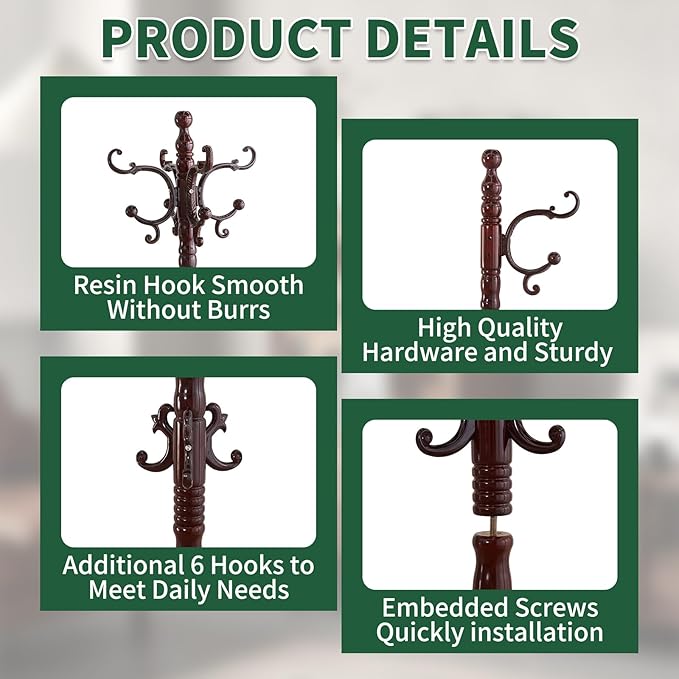 OIRUMIE Wooden Coat Rack, Vintage Coat Rack Frestanding for Entryway,Corner | Wood Coat Rack Stand with 14 Hooks,Classic Coat Hanger Stand with Triangle Base,Coat Clothes Tree Stand for Hallway,Office