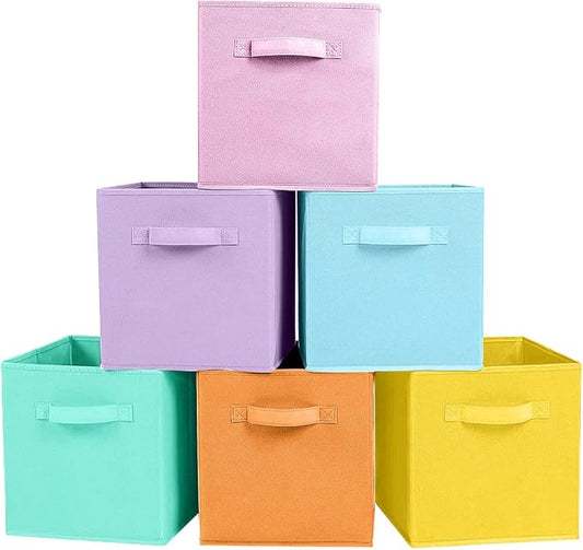 PowerKing Collapsible Storage Cubes, Farbic Storage Bins, 6 Colors, 6 Pack | Sturdy, Lightweight, Easy Pull Handle, Closet & Shelf Organizer, Clothes and Toys Storage, 10.5'' x 11'' x 10.5''