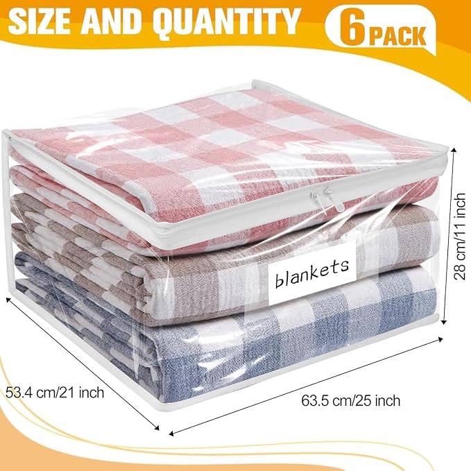 Kikerike Plastic Storage Bags with Easy-Glide Zipper, Pack of 6, Durable Clear Vinyl Zippered Storage Bags for Clothes Sweaters Comforters Blankets Sheets Bedding (25 x 21 x 11 Inch, White)