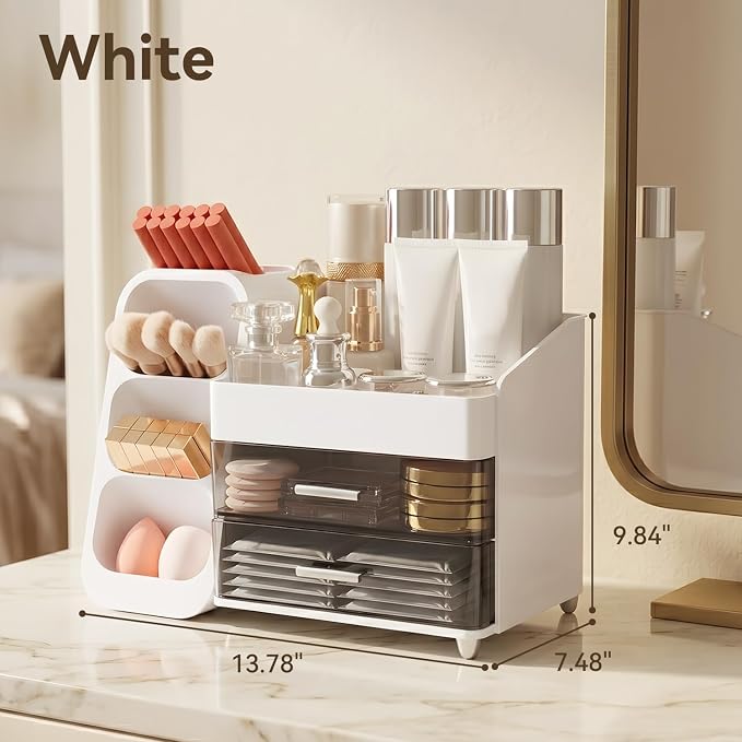 Makeup Organizer for Vanity with Brush Holder and 2 Drawers, White | Large-Capacity Makeup Holder Organizes Skincare, Cosmetics and Daily Beauty Products for Tidy Vanity and Bathroom Counters