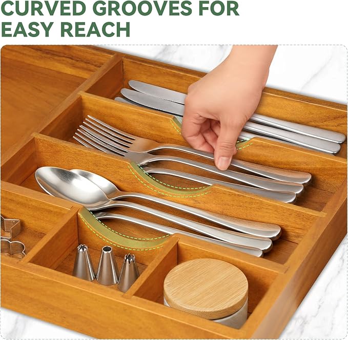 Teak Silverware Organizer For Drawer, Flatware Silverware Storage Tray | 2 Removable Drawer Dividers | Space-Saving Storage for Spoons Forks Knives | Fits 16 in drawers | (7 slots)