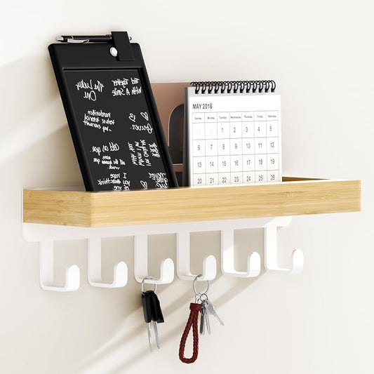 SWTYMIKI Key Holder Wall Mount-Wooden Key Hooks for Wall with Mail Organizer & 6Hooks, 2Installation Ways Key Hanger, Key Rack with Shelf for Entryway Living Room Bedroom Home Decor Wood White Hook