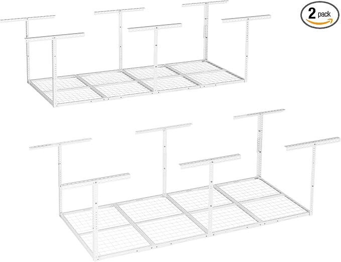 FLEXIMOUNTS 3x8 Overhead Garage Ceiling Storage Rack, 2 Pack, White | 750lbs Weight Capacity, 22"-40" Adjustable Organization System, Heavy-Duty Metal Ceiling Racks, Classic Series