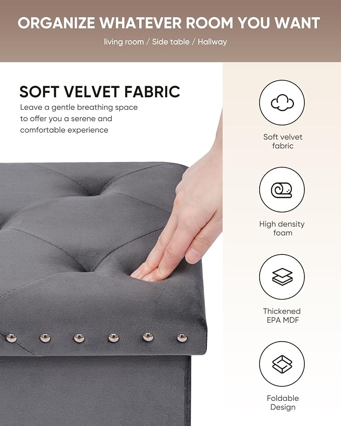 B FSOBEIIALEO Storage Ottoman Cube Folding Tufted Ottomans, Storage Boxes Footrest for Bedroom, Luxury Velvet Fabric 16.5 * 12.6 * 12.6 Inches Grey
