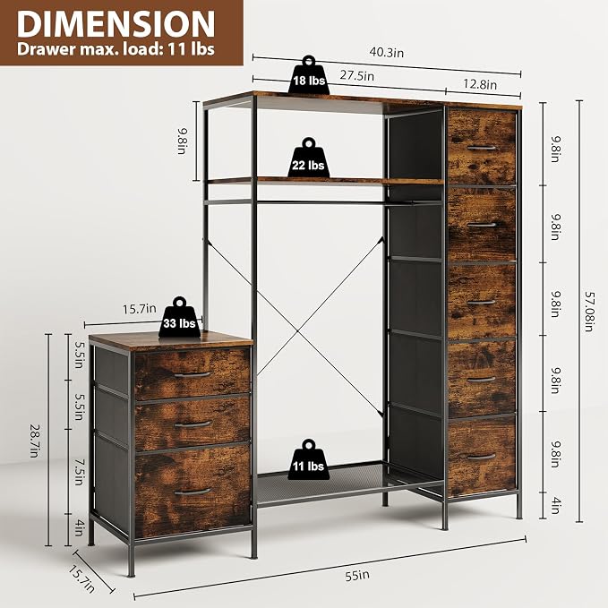 Clothes Rack with 8 Drawers, 4 Shelves & LED, 55" W×57" H Dresser with Hanging Rack, Portable Garment Rack, Freestanding Wardrobe Closet Organizer System for Bedroom, Small Space