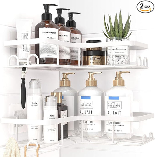 Sakugi Corner Shower Caddy - 2 Pack, Adhesive Shower Organizers, Rustproof Stainless Steel Shower Shelves with 8 Hooks, No Drilling Bathroom Organizers and Storage Racks, Space-Saving, White, Large