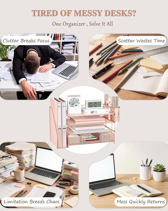 WALI Desk File Organizer, 4 Tier Desktop Paper Letter Tray Organizer with Drawer and 2 Pen Holders, Office Desk Accessories & Workspace Organizers for Office, Home, School Supplies, 1 Pack, Rose Gold
