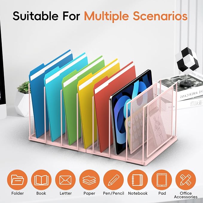 File Organizer For Desk, 7 Section Metal Desktop File Sorter, Pink | Desk file organizer, connectable 7 section design, 2.17 in spacing, vertical folder storage for home office and classroom