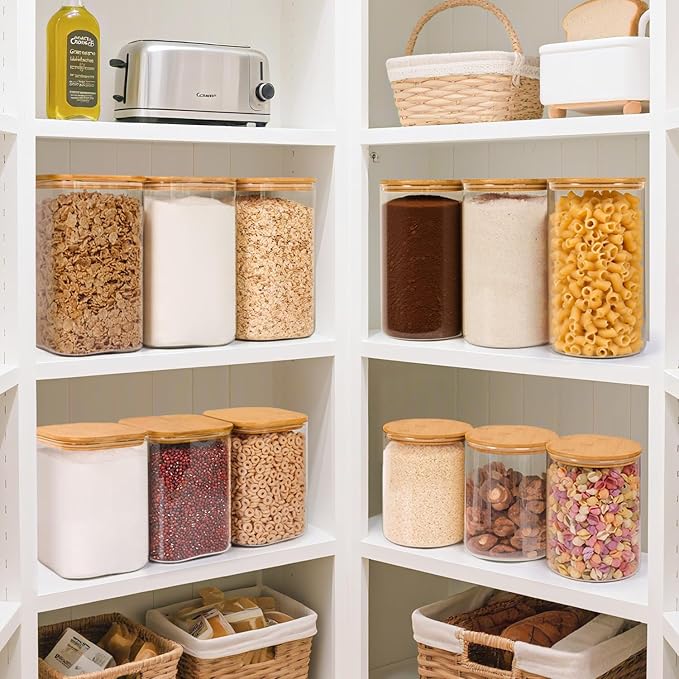 ComSaf Glass Storage Jars with Bamboo Lids 1.8 Qt 2 Pack Large Round | Flour Sugar Coffee Beans, Pasta Cereal Dry Food, Large Capacity, Kitchen Storage, Cabinet Organization,Clips included