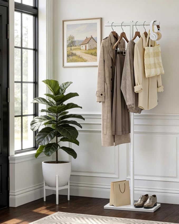 T-shaped Coat Rack Freestanding, Metal Hanger, White, 68.9 In High | Modern Garment Rack with Rock Slab Base, Heavy-duty Metal Hanger Stand for Bedroom, Hallway, Entryway, Living Room