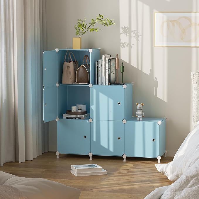 6Cube Storage Organizer Modular Stackable with Doors Blue | Sturdy plastic 6-cube cabinet with doors, 30x30x30cm per cube, tool-free snap assembly, ideal for bedroom, stairs, closet.